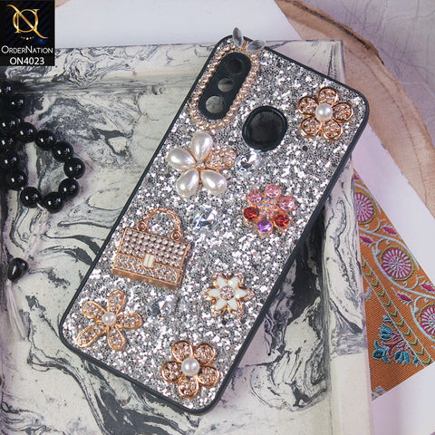 Samsung Galaxy A20 Cover - Silver - New Bling Bling Sparkle 3D Flowers Shiny Glitter Texture Protective Case