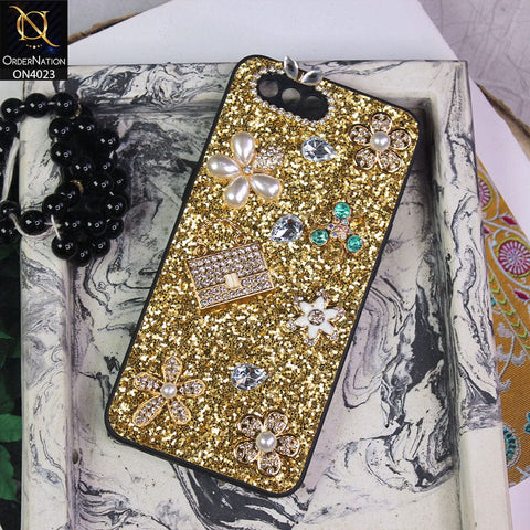 Oppo A12e Cover - Golden - New Bling Bling Sparkle 3D Flowers Shiny Glitter Texture Protective Case