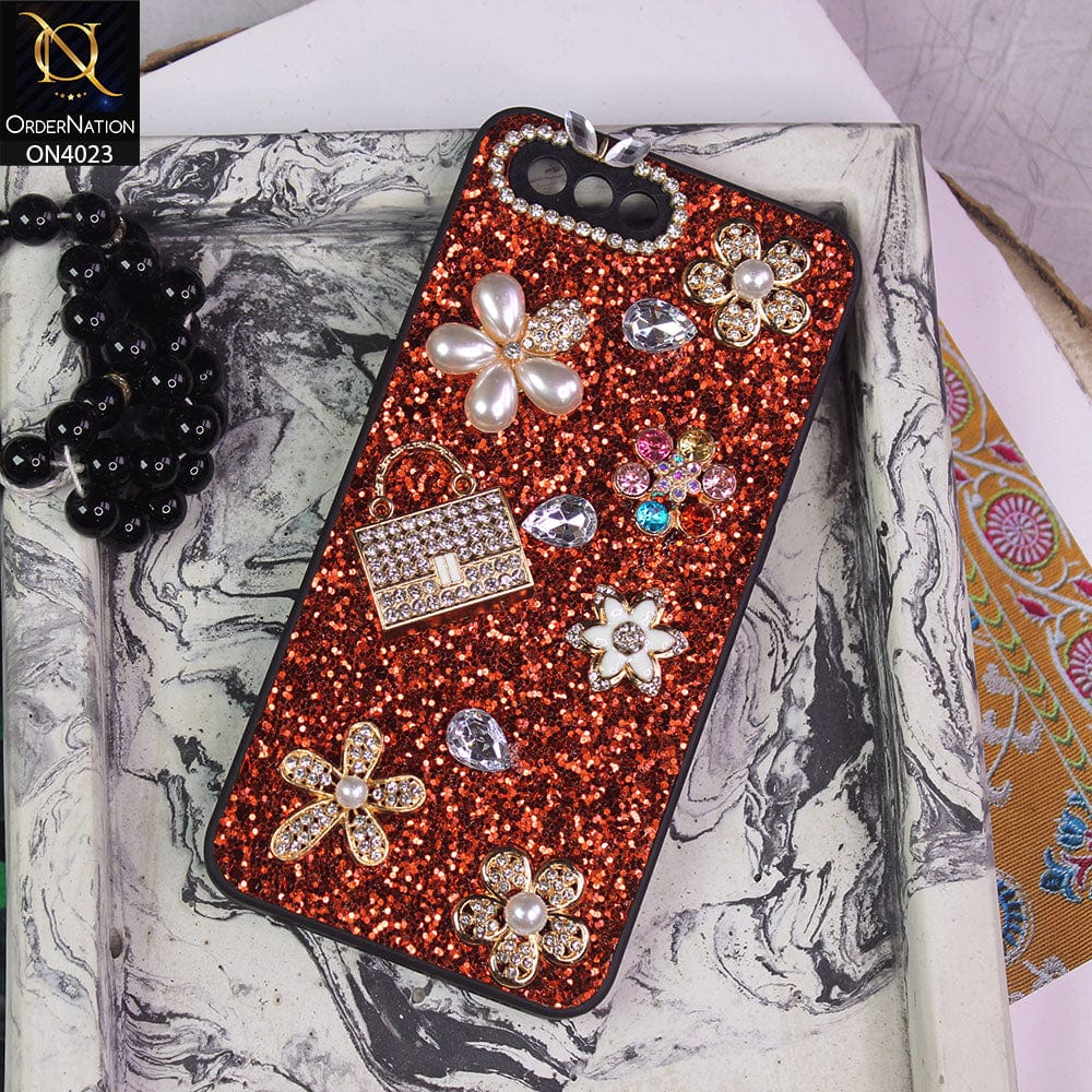 Oppo A3s Cover - Red - New Bling Bling Sparkle 3D Flowers Shiny Glitter Texture Protective Case