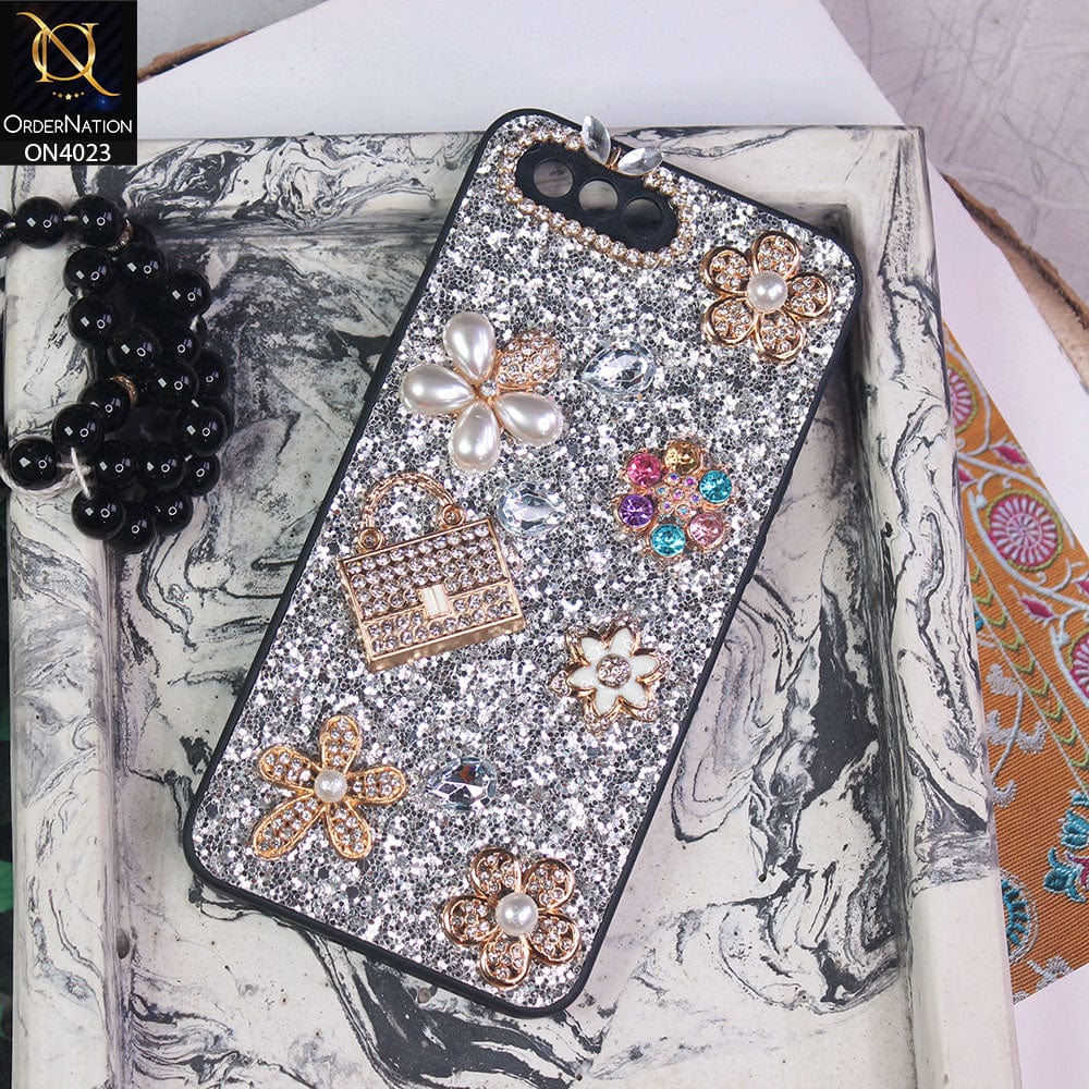 Oppo A5 Cover - Silver - New Bling Bling Sparkle 3D Flowers Shiny Glitter Texture Protective Case