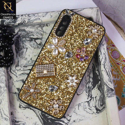 Samsung Galaxy A30s Cover - Golden - New Bling Bling Sparkle 3D Flowers Shiny Glitter Texture Protective Case