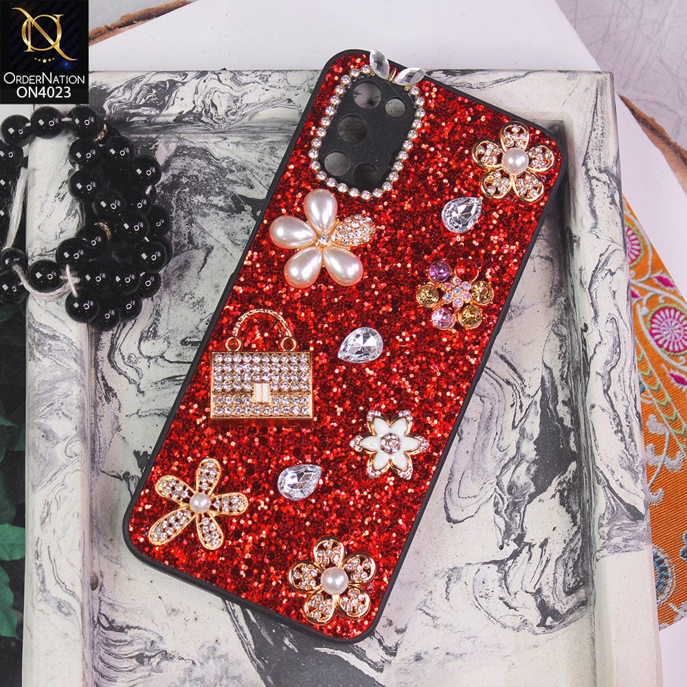 Oppo A52 Cover - Red - New Bling Bling Sparkle 3D Flowers Shiny Glitter Texture Protective Case