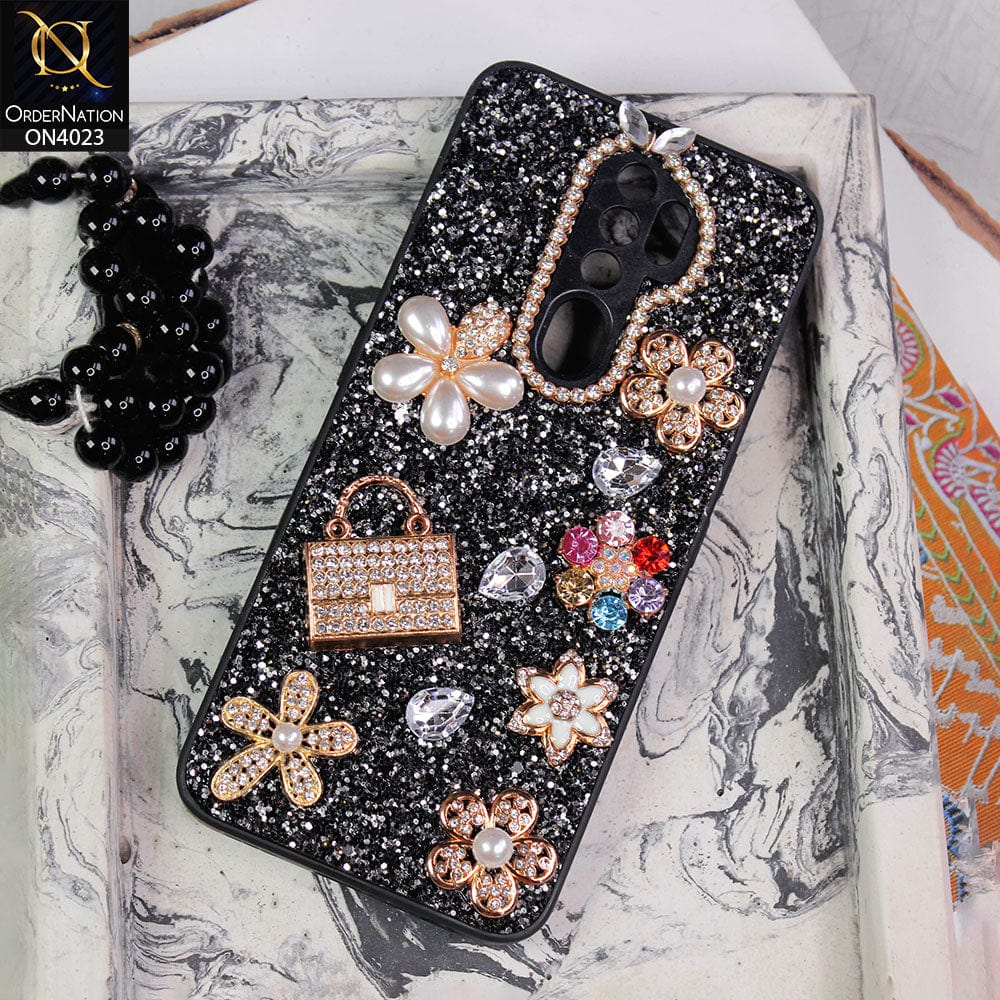 Oppo A5 2020 Cover - Black - New Bling Bling Sparkle 3D Flowers Shiny Glitter Texture Protective Case