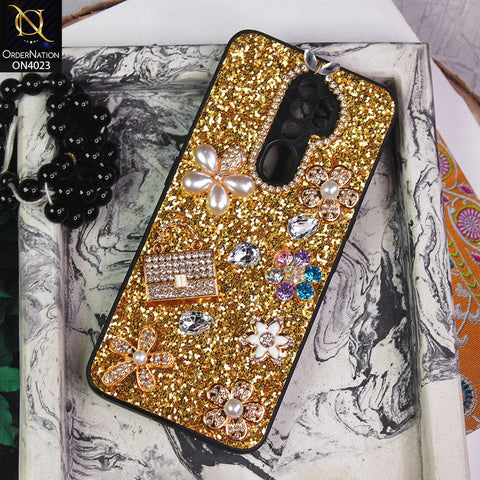 Oppo A9 2020 Cover - Golden - New Bling Bling Sparkle 3D Flowers Shiny Glitter Texture Protective Case