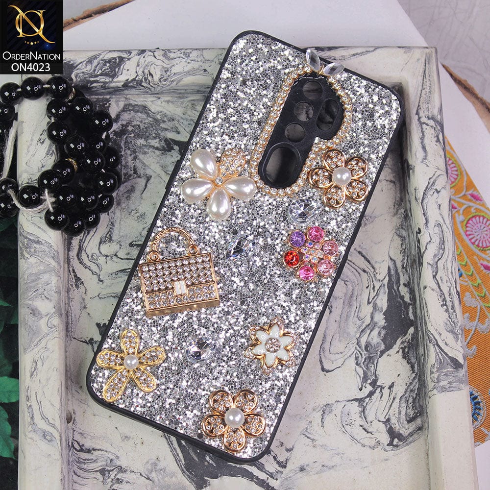 Oppo A9 2020 Cover - Silver - New Bling Bling Sparkle 3D Flowers Shiny Glitter Texture Protective Case