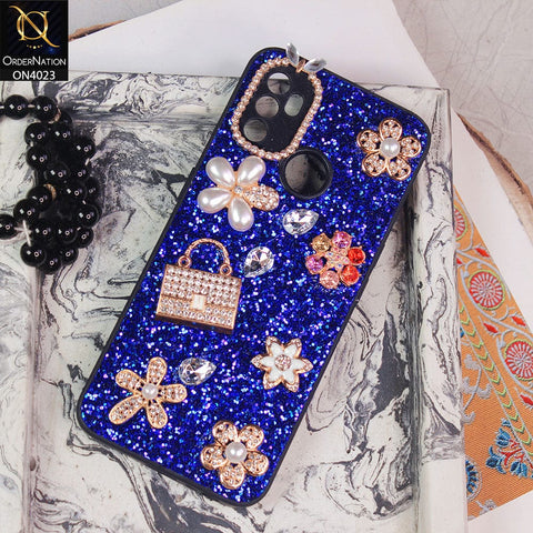 Oppo A53s Cover - Blue - New Bling Bling Sparkle 3D Flowers Shiny Glitter Texture Protective Case