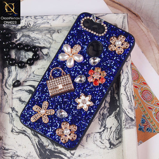 Oppo A5s Cover - Blue - New Bling Bling Sparkle 3D Flowers Shiny Glitter Texture Protective Case