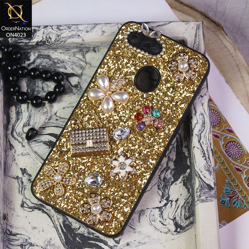 Oppo A12s Cover - Golden - New Bling Bling Sparkle 3D Flowers Shiny Glitter Texture Protective Case