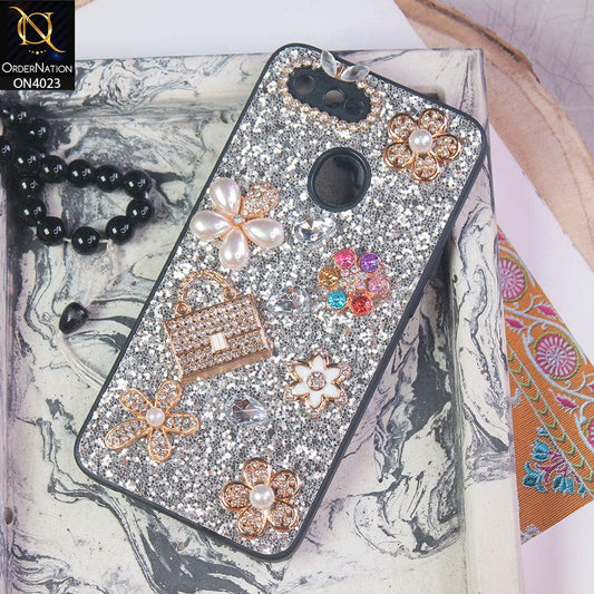 Oppo A5s Cover - Silver - New Bling Bling Sparkle 3D Flowers Shiny Glitter Texture Protective Case