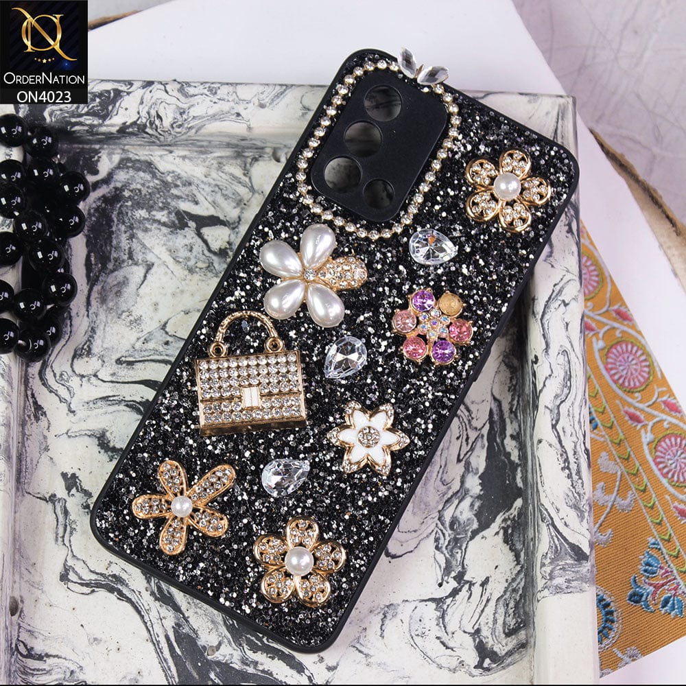 Oppo A95 Cover - Black - New Bling Bling Sparkle 3D Flowers Shiny Glitter Texture Protective Case