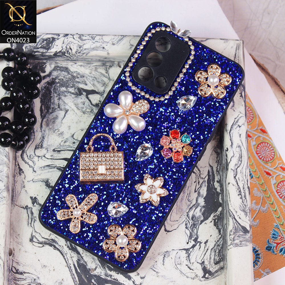 Oppo A95 Cover - Blue - New Bling Bling Sparkle 3D Flowers Shiny Glitter Texture Protective Case