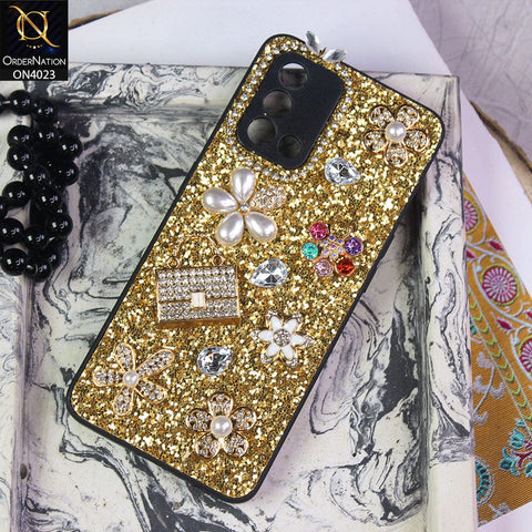 Oppo A95 Cover - Golden - New Bling Bling Sparkle 3D Flowers Shiny Glitter Texture Protective Case