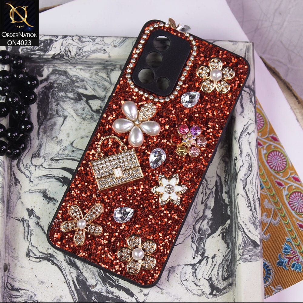 Oppo A95 Cover - Red - New Bling Bling Sparkle 3D Flowers Shiny Glitter Texture Protective Case