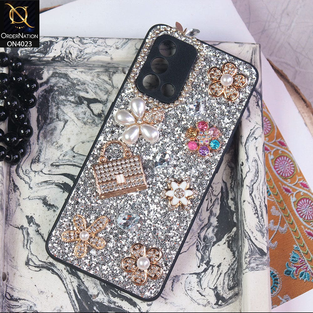 Oppo A95 Cover - Silver - New Bling Bling Sparkle 3D Flowers Shiny Glitter Texture Protective Case