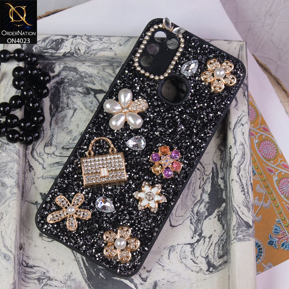 Infinix Hot 11 Play Cover - Black - New Bling Bling Sparkle 3D Flowers Shiny Glitter Texture Protective Case