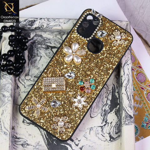 Infinix Hot 11 Play Cover - Golden - New Bling Bling Sparkle 3D Flowers Shiny Glitter Texture Protective Case