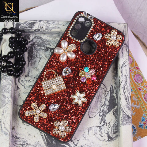 Infinix Hot 11 Play Cover - Red - New Bling Bling Sparkle 3D Flowers Shiny Glitter Texture Protective Case