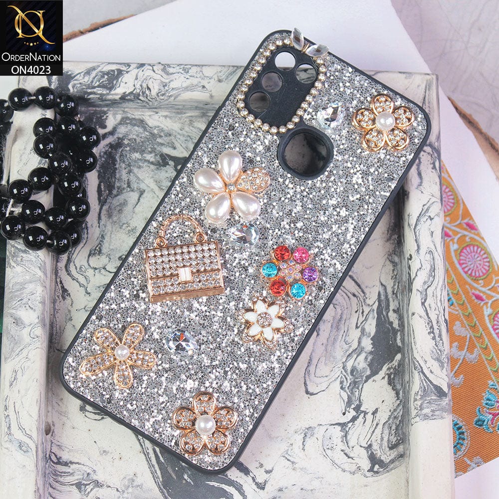 Infinix Hot 11 Play Cover - Silver - New Bling Bling Sparkle 3D Flowers Shiny Glitter Texture Protective Case