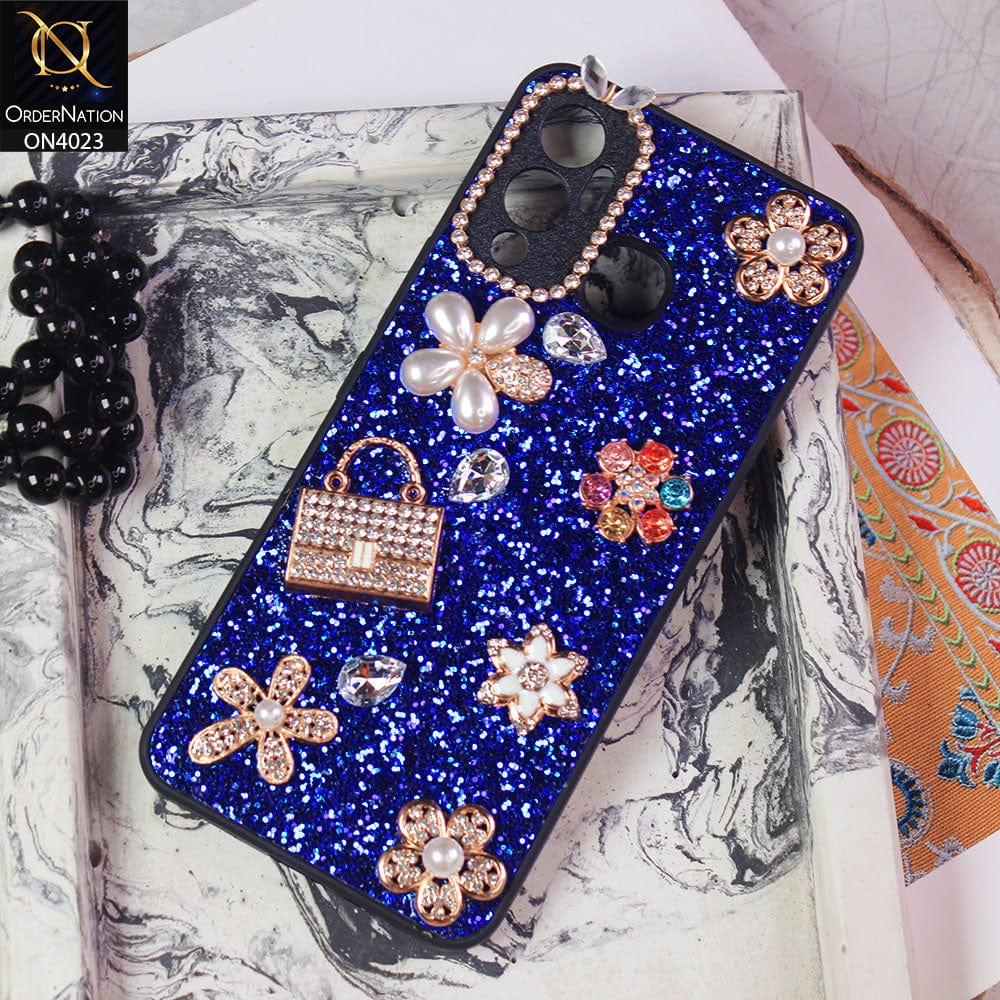 Infinix Hot 12 Play Cover - Blue - New Bling Bling Sparkle 3D Flowers Shiny Glitter Texture Protective Case