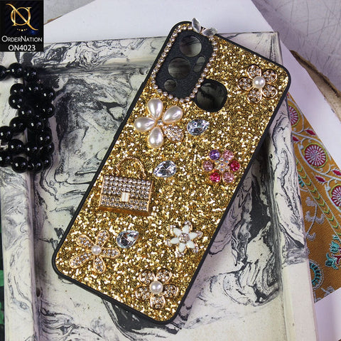 Infinix Hot 12 Play Cover - Golden - New Bling Bling Sparkle 3D Flowers Shiny Glitter Texture Protective Case