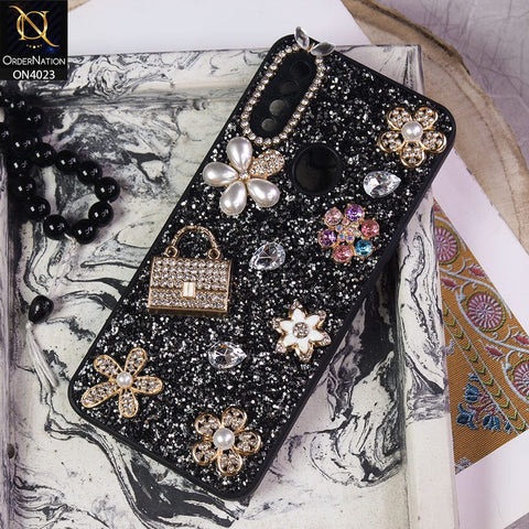 Oppo A31 Cover - Black - New Bling Bling Sparkle 3D Flowers Shiny Glitter Texture Protective Case