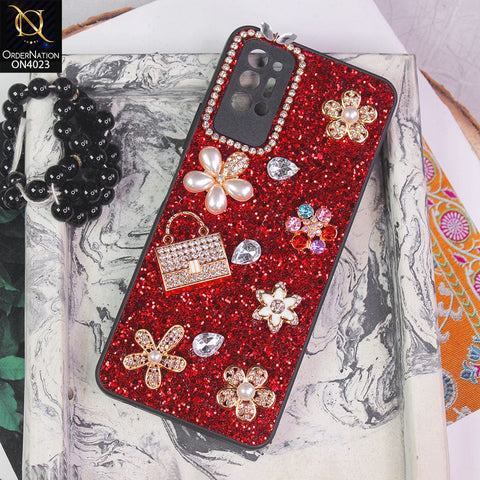 Tecno Pova 2 Cover - Red - New Bling Bling Sparkle 3D Flowers Shiny Glitter Texture Protective Case