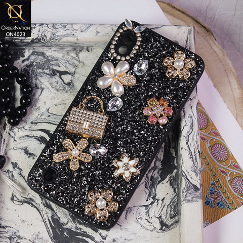 Samsung Galaxy A10 Cover - Black - New Bling Bling Sparkle 3D Flowers Shiny Glitter Texture Protective Case