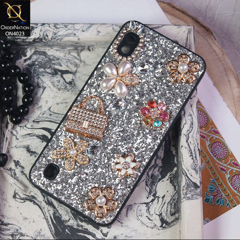 Samsung Galaxy A10 Cover - Silver - New Bling Bling Sparkle 3D Flowers Shiny Glitter Texture Protective Case