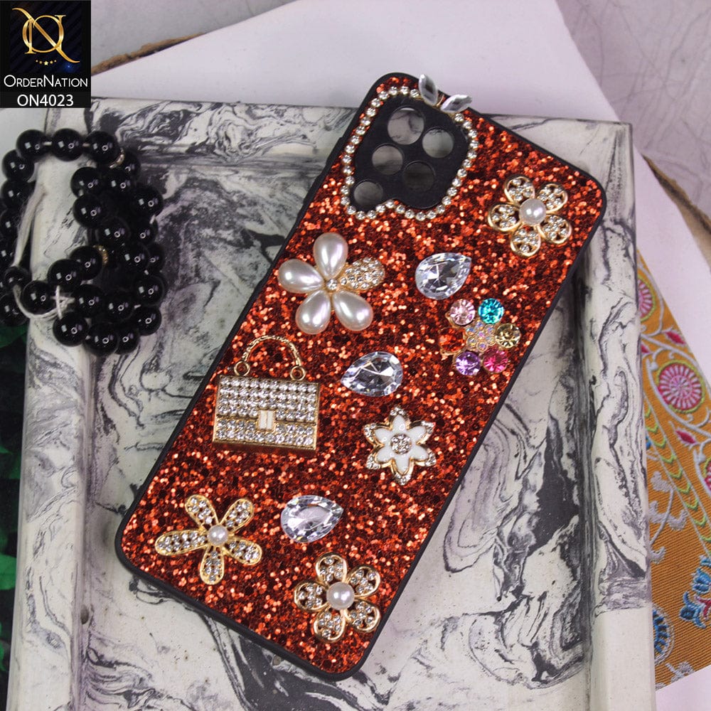 Samsung Galaxy A12 Cover - Red - New Bling Bling Sparkle 3D Flowers Shiny Glitter Texture Protective Case