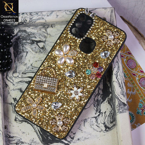 Samsung Galaxy A21s Cover - Golden - New Bling Bling Sparkle 3D Flowers Shiny Glitter Texture Protective Case