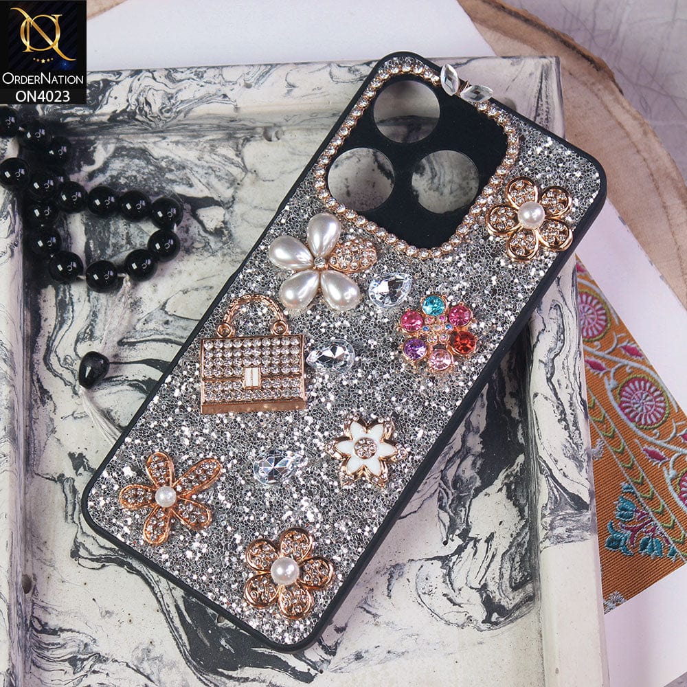 Tecno Spark 10C Cover - Silver - New Bling Bling Sparkle 3D Flowers Shiny Glitter Texture Protective Case