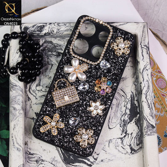 Tecno Spark Go 2023 Cover - Black - New Bling Bling Sparkle 3D Flowers Shiny Glitter Texture Protective Case