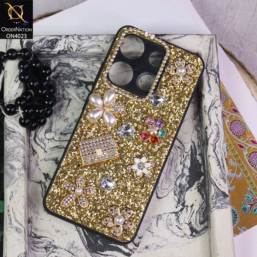 Tecno Spark Go 2023 Cover - Golden - New Bling Bling Sparkle 3D Flowers Shiny Glitter Texture Protective Case