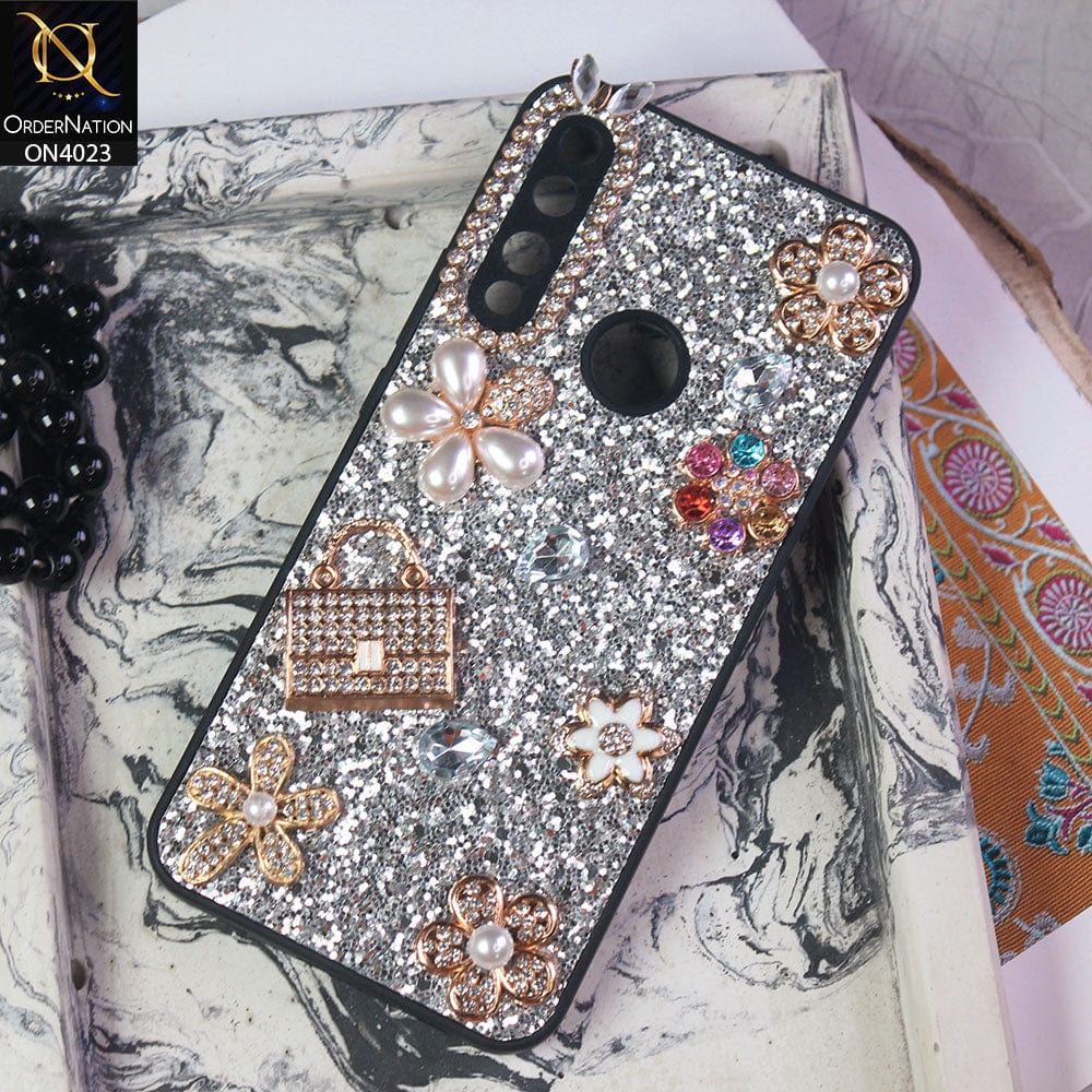 Vivo Y12 Cover - Silver - New Bling Bling Sparkle 3D Flowers Shiny Glitter Texture Protective Case