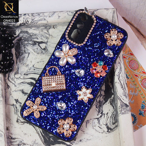 Vivo Y12a Cover - Blue - New Bling Bling Sparkle 3D Flowers Shiny Glitter Texture Protective Case