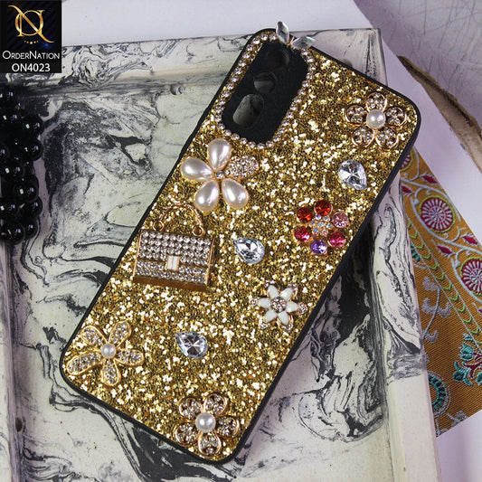 Vivo Y20i Cover - Golden - New Bling Bling Sparkle 3D Flowers Shiny Glitter Texture Protective Case