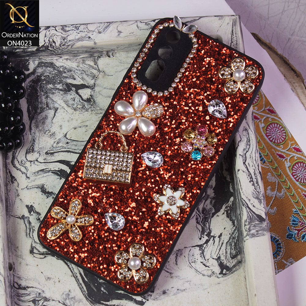 Vivo Y20 Cover - Red - New Bling Bling Sparkle 3D Flowers Shiny Glitter Texture Protective Case