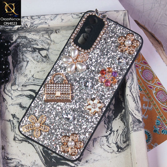 Vivo Y20i Cover - Silver - New Bling Bling Sparkle 3D Flowers Shiny Glitter Texture Protective Case