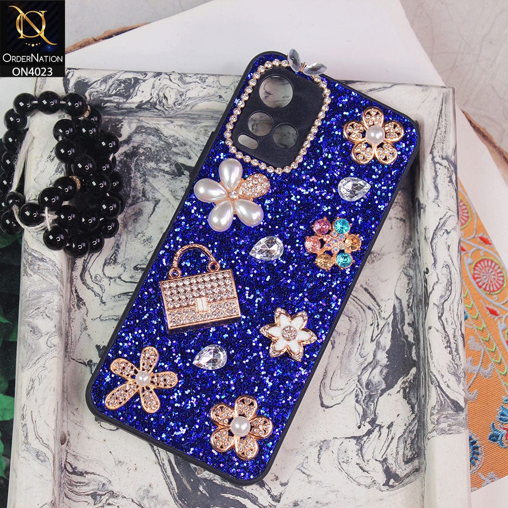 Vivo Y33t Cover - Blue - New Bling Bling Sparkle 3D Flowers Shiny Glitter Texture Protective Case