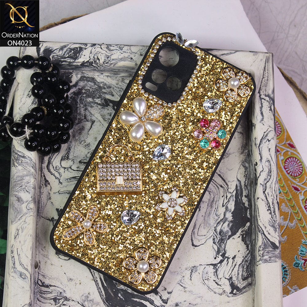 Vivo Y33t Cover - Golden - New Bling Bling Sparkle 3D Flowers Shiny Glitter Texture Protective Case