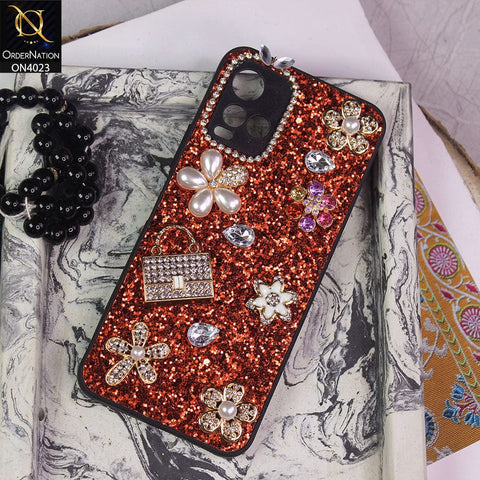 Vivo Y21s Cover - Red - New Bling Bling Sparkle 3D Flowers Shiny Glitter Texture Protective Case