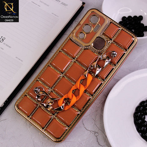 Infinix Hot 12 Play Cover - Brown - New Electroplated Soft Silicone Camera Protection Case With Chain Holder