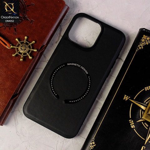 iPhone 15 Pro Cover - Black - Leather Texture Silicon Magnetic Design Soft Case