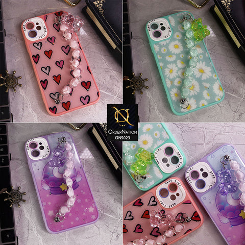 iPhone 14 Pro Max Cover - Pink - New Spring Dreams Series Cristal Heart and Bear Holder Soft Borders Camera Protection Case