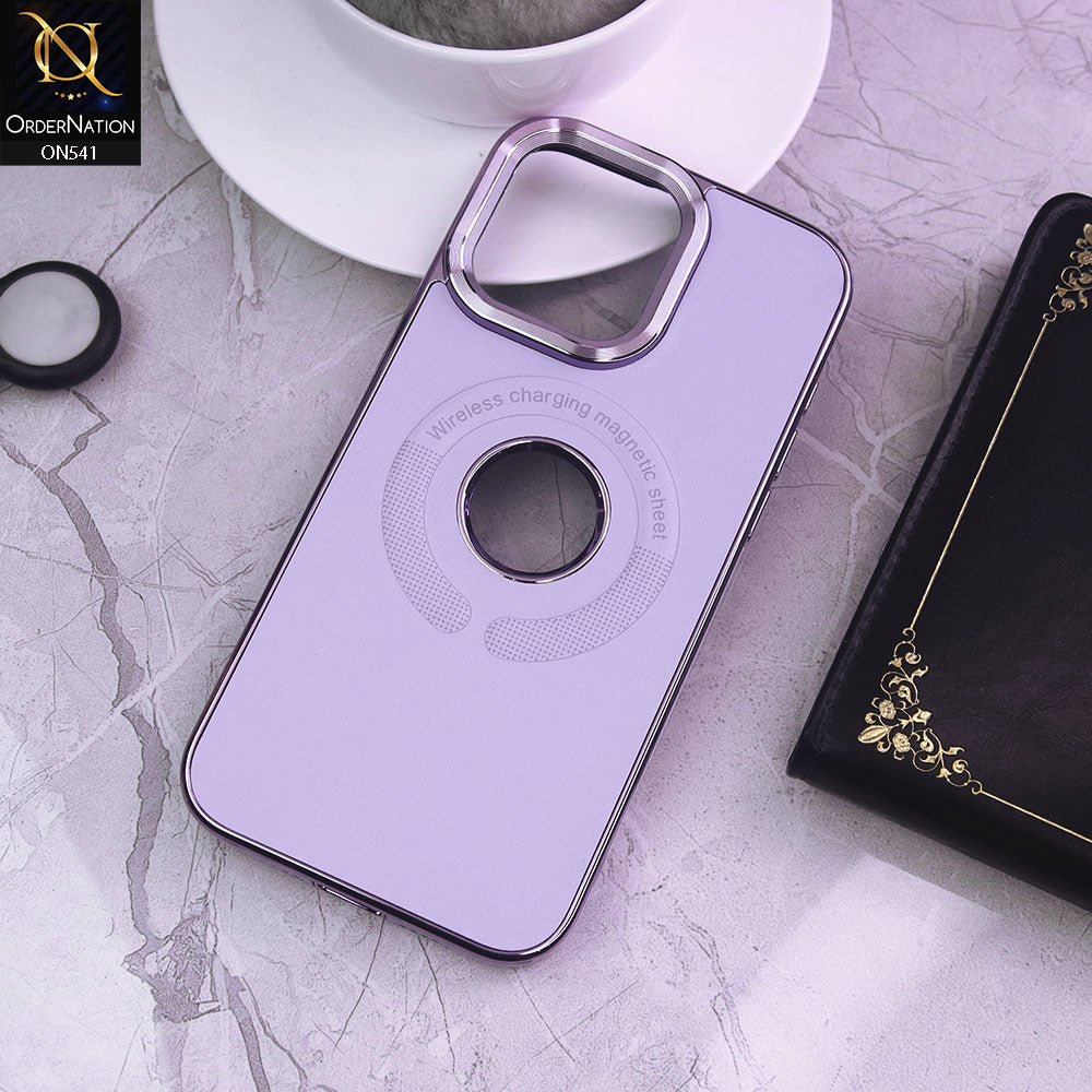 iPhone 15 Pro Max Cover - Purple - Wireless Charging Magnetic Sheet Electroplating Borders Leather Shockproof Soft Case