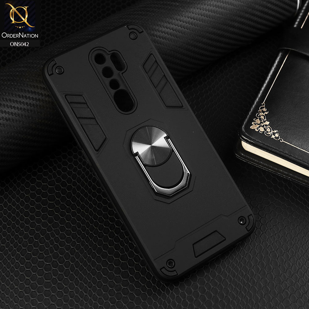 Oppo A9 2020 Cover - Black - New Dual PC + TPU Hybrid Style Protective Soft Border Case With Kickstand Holder