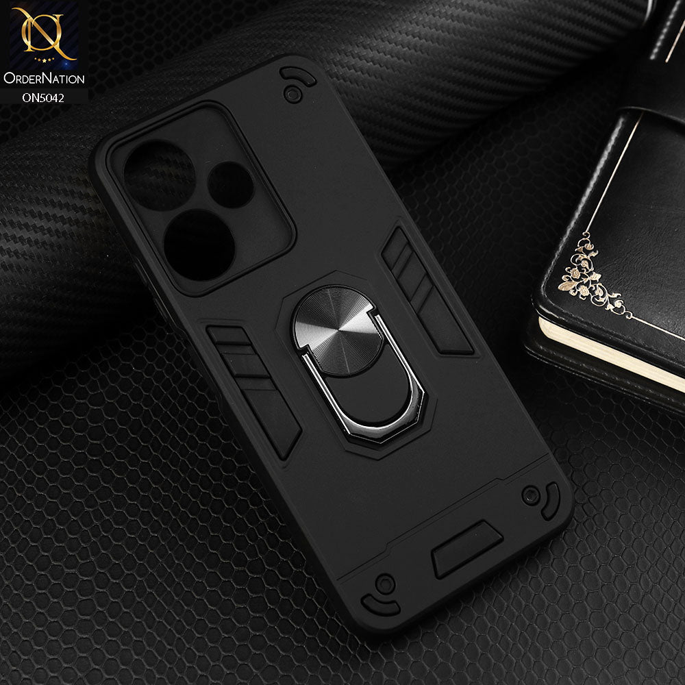 Infinix Hot 30 Cover - Black - New Dual PC + TPU Hybrid Style Protective Soft Border Case With Kickstand Holder