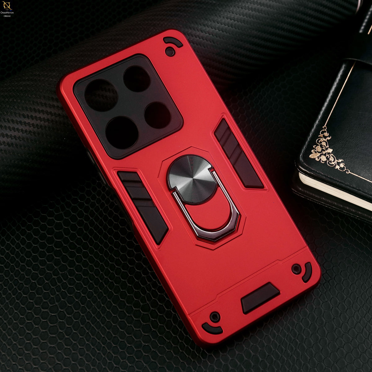 Infinix Note 30 Cover - Red - New Dual PC + TPU Hybrid Style Protective Soft Border Case With Kickstand Holder