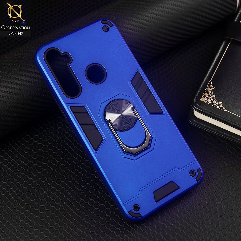 Realme 5 Cover - Blue - New Dual PC + TPU Hybrid Style Protective Soft Border Case With Kickstand Holder