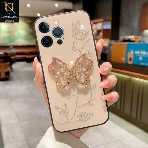 iPhone 12 Pro Max Cover - Golden - Tybomb Cute Shiny Rhinestones Butterfly Holder Stand Soft Borders Case